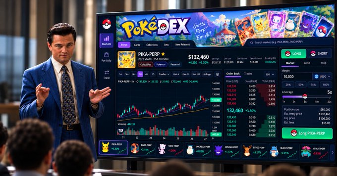 An AI-generated image of a man presenting a stock trading dashboard titled 'PokeEX' displaying charts for 'PIKA-PERP' valued at $132,460.