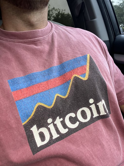 A man in gym clothes wears a faded red "bitcoin" t-shirt with a retro blue and red mountain graphic, photographed inside a car. The image accompanies a post where he contrasts his laid-back Bitcoin-and-leg-day lifestyle with the exhausted, suited dads rushing their kids to daycare.