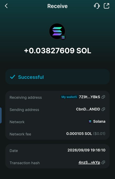 A mobile wallet app screen showing a successful transaction receipt for '+0.03827609 SOL' on the Solana network, dated 2026/09/09 19:16:10.