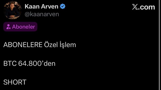 A tweet from Kaan Arven (@kaanarven) on X.com announces a subscriber-exclusive trade: a BTC short entry at $64,800, which aligns with his stated bearish outlook of expecting Bitcoin to bottom around $54,000.