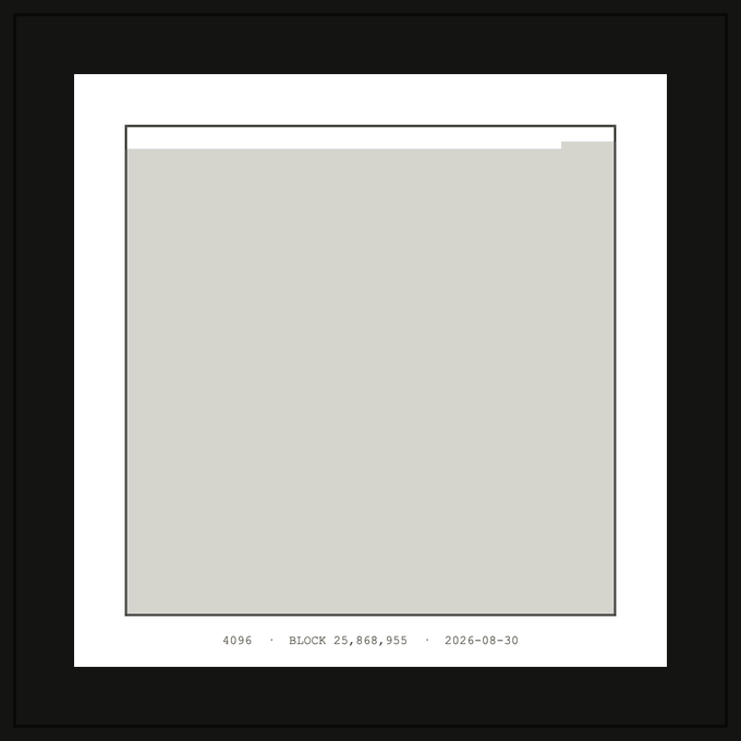 A minimalist framed artwork features a solid gray square with the text '4096 · BLOCK 25,868,955 · 2026-08-30' printed below it.