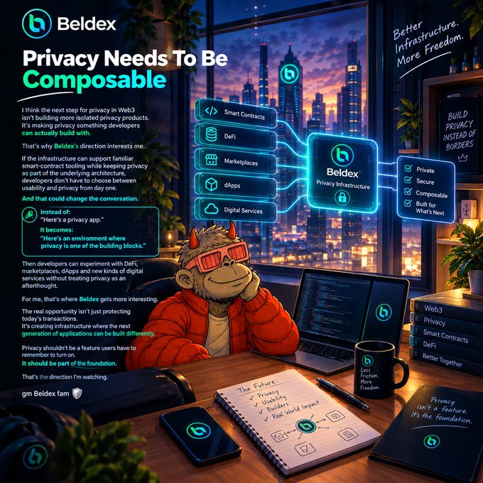 A promotional graphic for Beldex titled 'Privacy Needs To Be Composable', showing an animated monkey character at a laptop surrounded by privacy-themed notes and diagrams.