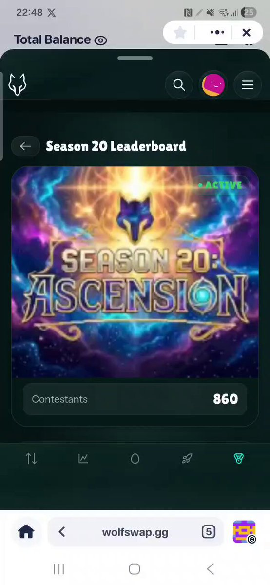 The image shows a person's cell phone screen with various icons, including one for Wolfswap trading games, which suggests that they are playing or considering a game called "Season 20" Ascension. The person appears to be interested in the game as indicated by the text on their phone, such as "Good job! You're halfway there to make it a bounty spot". The presence of other symbols on the screen may provide additional information about the game and its features. Overall, this scene reflects the engagement with Wolfswap trading games and the ongoing pursuit of success in these games.