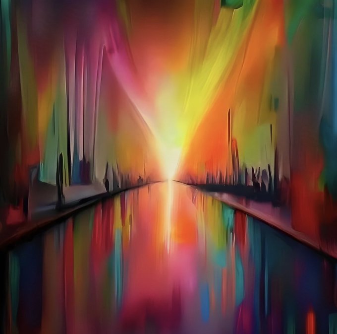 A vibrant, abstract digital painting bursts with swirling colors of pink, orange, yellow, green, and blue, evoking intense emotions with a glowing central focal point reflected on a dark surface. The artwork visually translates the artist's message that "the best art [comes] from emotions and feelings," capturing raw passion through its dynamic, expressive brushwork.