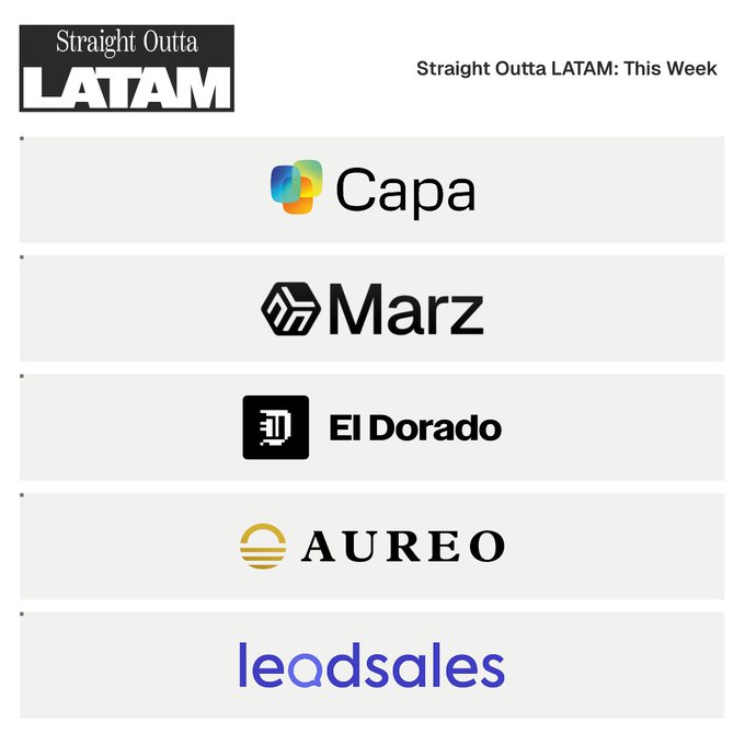 The image shows a graphic titled "Straight Outta LATAM: This Week," featuring logos of five featured companies: Capa, Marz, El Dorado, AUREO, and leadsales. It serves as a weekly roundup highlight of LATAM-based projects, with Capa being spotlighted for joining Mento Labs as a launch liquidity partner on Polygon, backing the USDm/EURm pool.