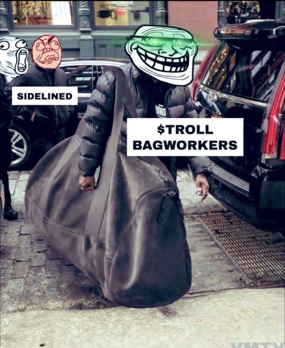The image features a person wearing a large backpack, which appears to be a duffel bag or a suitcase. They are standing next to a car with their handbag hanging off of it. The background includes a sidewalk and some buildings, suggesting an urban setting. The caption on the image reads "Tourists out $Troll to billions". This phrase is likely a reference to the popular meme about trolls targeting tourists in various cities around the world.