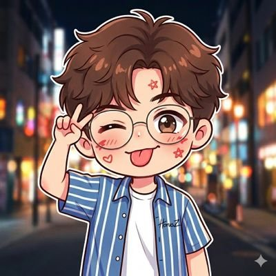 An AI-generated anime-style illustration of a cute young man with brown hair and glasses, winking and making a peace sign on a neon-lit city street at night.
