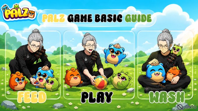 A 'Palz Game Basic Guide' graphic illustrating 'Feed', 'Play', and 'Wash' actions with a character interacting with colorful blob-like pets.