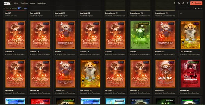 The OnXRP marketplace displays a collection of Halloween-themed 'Scareland' NFT cards, including characters like Scareiko, Peerless, and Luna Invader.