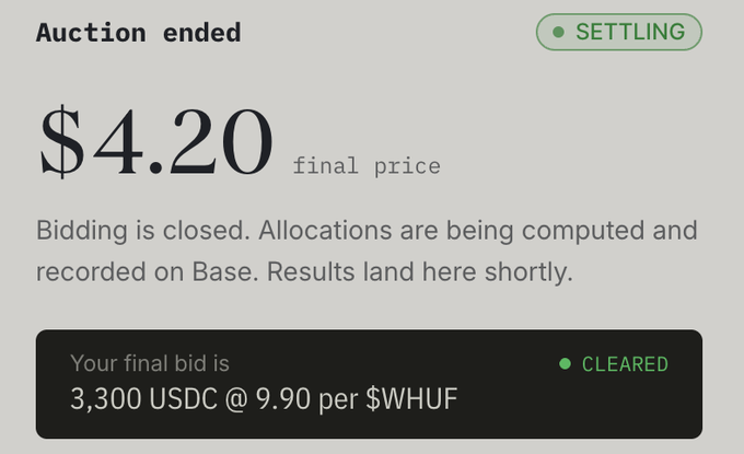 Auction results screen showing a settled $WHUF token sale with a final price of $4.20 and the user's cleared bid of 3,300 USDC at 9.90 per $WHUF.
