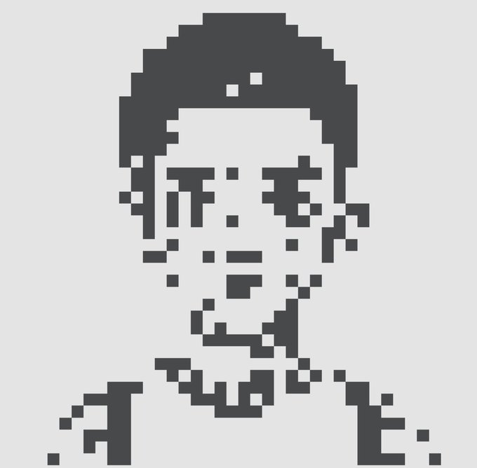 A low-resolution pixel art portrait of a smiling person with short dark hair, likely the user posting the "Can I get a GM??" request for a "good morning" greeting in the crypto community.