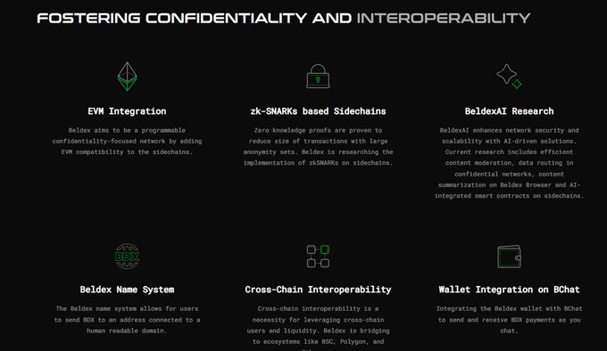 An infographic titled 'FOSTERING CONFIDENTIALITY AND INTEROPERABILITY' detailing six features: EVM Integration, zk-SNARKS based Sidechains, BeldexAI Research, Beldex Name System, Cross-Chain Interoperability, and Wallet Integration on BChat.