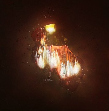 An artistic, blurry image showing what appears to be a figure or scene rendered in warm orange and yellow tones with streaks of light against a dark background.
