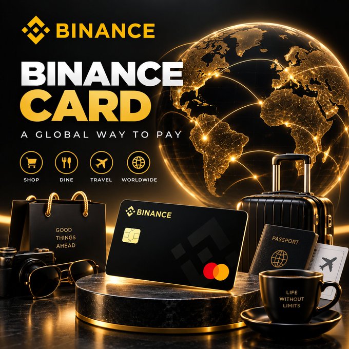 The image is a promotional graphic for the "Binance Card," labeled as "A Global Way to Pay," featuring a black card with the Binance logo and Mastercard symbol displayed alongside travel and lifestyle items like a suitcase, shopping bag, passport, and a coffee mug reading "Life Without Limits," with icons representing Shop, Dine, Travel, and Worldwide use. This visually reinforces the article's theme of the card bridging crypto and everyday spending by enabling users to spend digital assets globally for routine purchases.