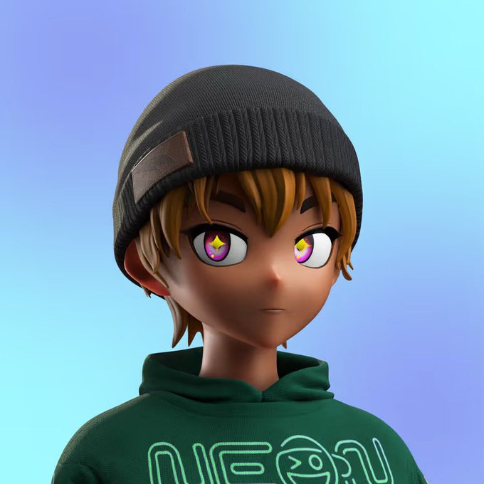 The image features a cartoon character with brown hair, wearing a green hoodie and a black beanie hat. The character has pink eyes and a smirk on their face. They are standing against a blue background, which contrasts nicely with their dark clothing. The caption of the image reads "My toxic trait is liking the CloneX art a bit too much but I genuinely hope to see them more often on my timeline in a near future."