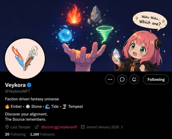 The Twitter/X profile for 'Veykora' (@VeykoraNFT), a faction-driven fantasy universe featuring Ember, Stone, Tide, and Tempest, with 1,160 followers.