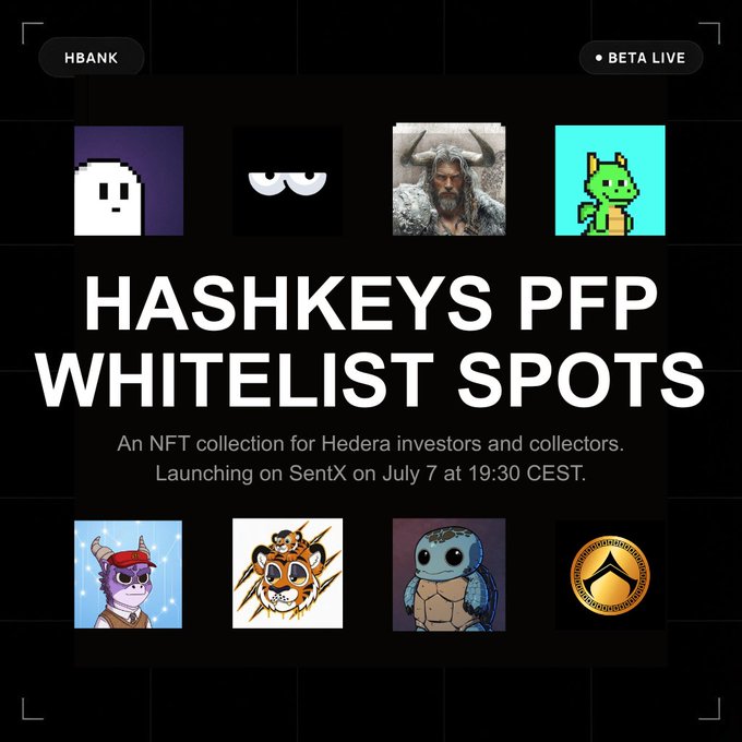 A promotional graphic for 'HASHKEYS PFP WHITELIST SPOTS' by HBANK, announcing an NFT collection launching on SentX on July 7 at 19:30 CEST, featuring various NFT profile pictures.