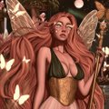 An illustration of a red-haired fairy woman in a green top and gold corset, surrounded by butterflies and wearing round glasses.