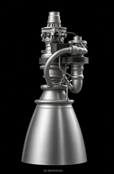 A detailed grayscale 3D rendering of a rocket engine nozzle with intricate piping and turbopump components on a black background, credited to @joehansen.