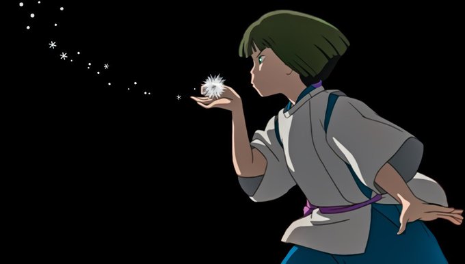 An anime character with short dark hair holding a glowing orb in their hands, with sparkles trailing off to the upper left against a black background.