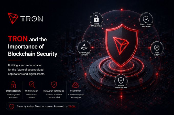 TRON blockchain security infographic featuring a red shield logo and icons highlighting Secure Transactions, Smart Contract Protection, Decentralized Network, Asset Safety, and Reliable Infrastructure.