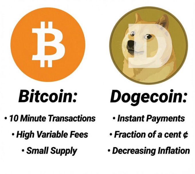 An infographic comparing Bitcoin and Dogecoin, listing features like '10 Minute Transactions' and 'Instant Payments' for each.