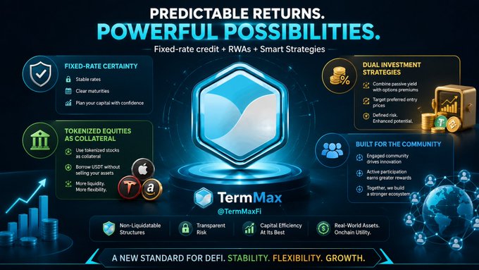 A promotional graphic for TermMax (@TermMaxFi) DeFi platform with the tagline 'PREDICTABLE RETURNS. POWERFUL POSSIBILITIES.' highlighting features like Fixed-Rate Certainty and Tokenized Equities.