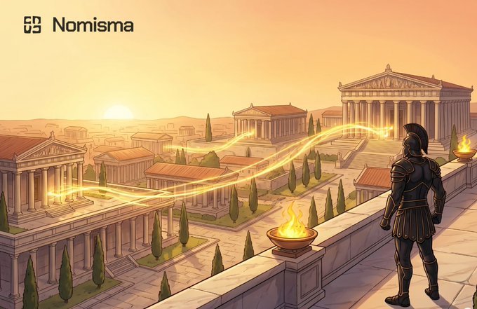 An illustrated scene labeled 'Nomisma' depicts a Roman soldier overlooking an ancient city with classical temples, with glowing golden trails of energy flowing across the sky at sunset.