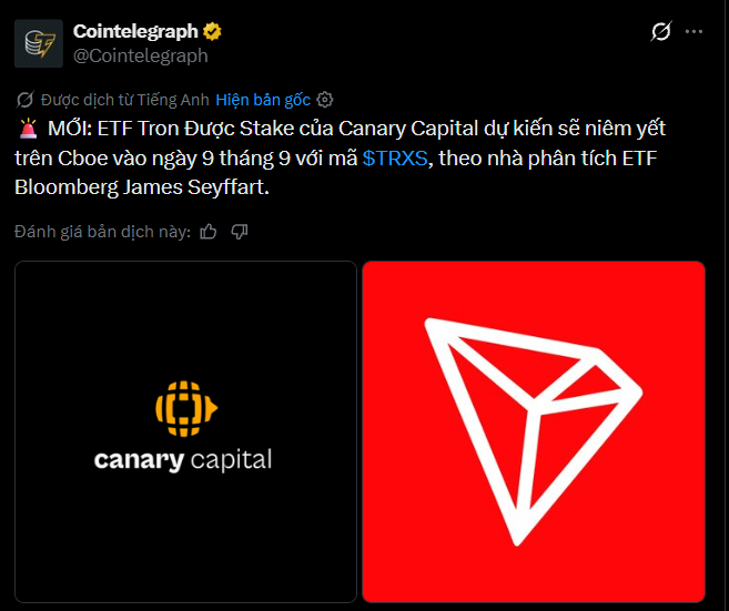 A Cointelegraph social media post announces that Canary Capital's staked Tron ETF, ticker $TRXS, is expected to list on Cboe BZX on September 9, with the image featuring the Canary Capital and TRON logos.