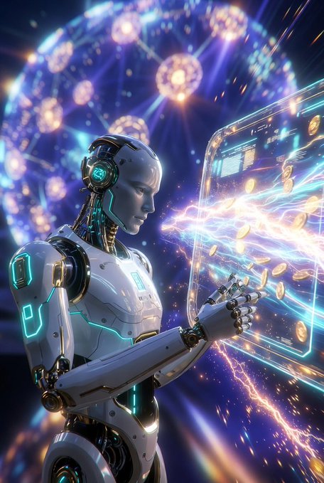 A futuristic digital artwork depicting a white humanoid robot with glowing blue accents interacting with a holographic screen displaying floating golden coins against a cosmic, glowing purple background.