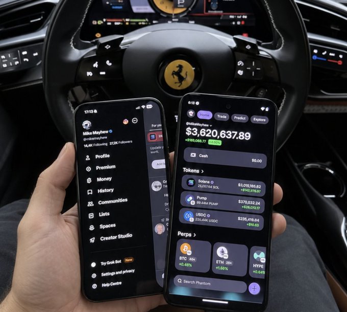 A person holds two smartphones in front of a Ferrari steering wheel, displaying a Phantom wallet portfolio showing a balance of $3,620,637.89 with a $105,068.77 daily gain, including holdings in Solana ($3,015,185.62). The image showcases massive crypto gains on Solana, visually reinforcing the post's excitement about a SOL pump toward $125.