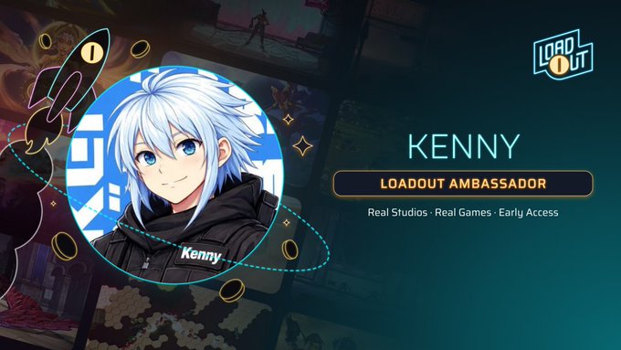 A 'LOADOUT' promotional graphic introducing KENNY as a Loadout Ambassador with the tagline 'Real Studios · Real Games · Early Access' alongside an anime-style avatar.