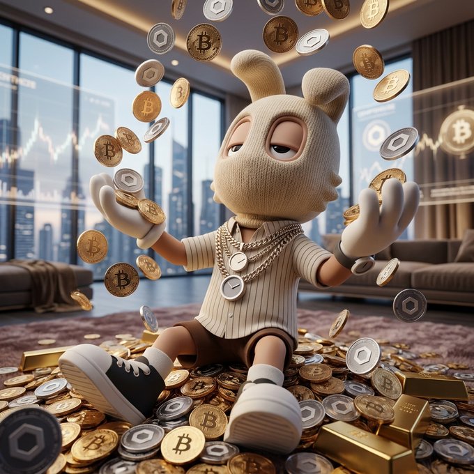 A digital artwork of a tired-looking cartoon character wearing a beige balaclava and chain necklaces, sitting amidst piles of gold bars and falling Bitcoin and cryptocurrency coins in a modern high-rise apartment.