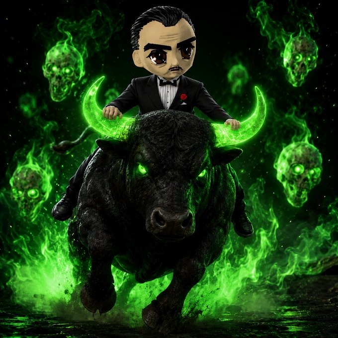 A fierce black bull with glowing neon green horns and eyes charges forward through a mist of flaming skulls, while a figure with slicked-back hair wearing a black suit and red rose lapel pin rides atop it. The image humorously embodies the post's bullish crypto hype, with the green bull and eerie green flames symbolizing an ultra-bullish "green candle" prediction for the $ANSEM token.