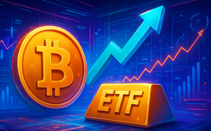 A gold Bitcoin coin and "ETF" ingot rise sharply against a blue digital background, symbolizing the massive inflows and record trading volumes highlighted in the US ETF cash flow data for BTC, ETH, and XRP.