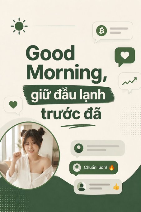 A 'Good Morning' greeting graphic with Vietnamese text 'giữ đầu lạnh trước đã' (keep a cool head first), decorative icons, and a photo of a smiling young woman with her hair in two buns.