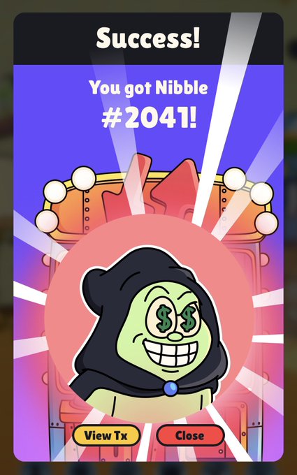 A mobile game screen showing a 'Success!' message with text 'You got Nibble #2041!' featuring a cartoon green-faced character wearing a black hood with dollar signs for eyes.