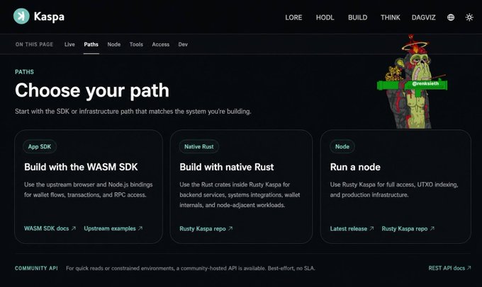 A screenshot of the Kaspa developer documentation's "Paths" page displays three main development paths: "Build with the WASM SDK" (App SDK), "Build with native Rust," and "Run a node," with the comic character Vagabond pointing to a "look examples" button, directly illustrating the post's description of the flexible developer stack for building on $KAS.
