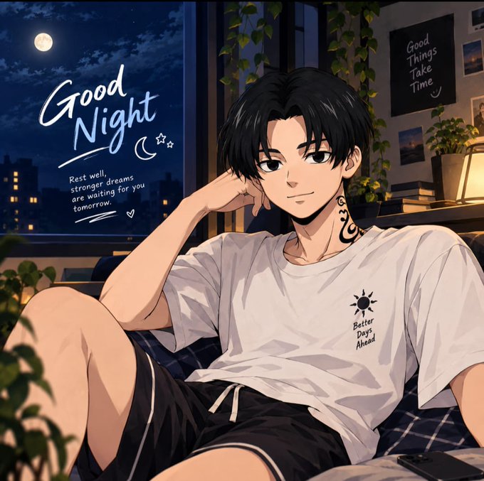 An anime-style illustration of a black-haired young man resting indoors at night, with text overlays reading 'Good Night', 'Rest well, stronger dreams are waiting for you tomorrow', and 'Better Days Ahead'.