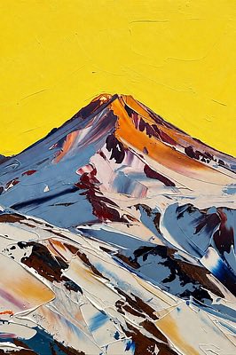 An impasto-style oil painting depicts a snow-capped mountain peak rendered in blues, purples, and oranges against a solid yellow sky.