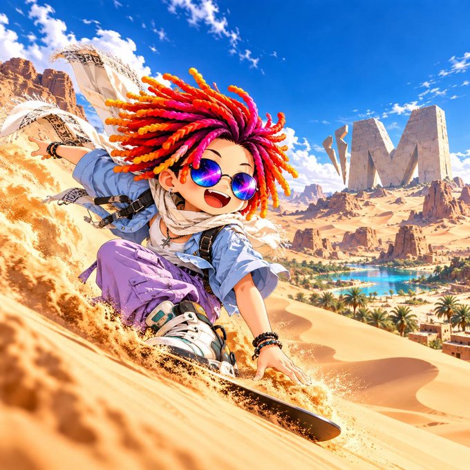 An anime-style illustration of a character with colorful dreadlocks and sunglasses sandboarding down a desert dune, with an oasis and ancient ruins in the background.