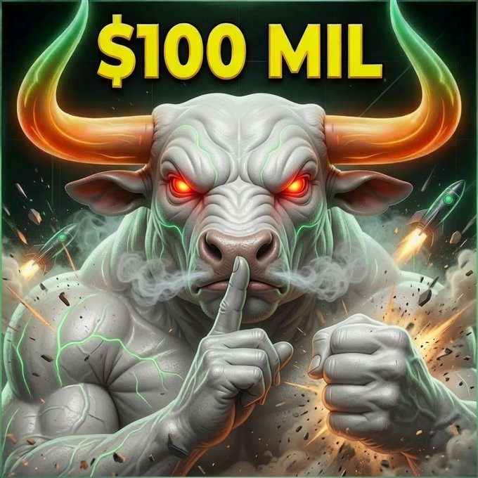 The image features a fierce, muscular bull with glowing red eyes and large orange horns making a "shh" gesture, with the bold text "$100 MIL" displayed above it. The graphic symbolizes the ambitious $100 million market cap target for $LEVI, reinforcing the post's bullish sentiment following the token already surpassing $1 million MCAP and teasing upcoming catalysts beyond airdrops.