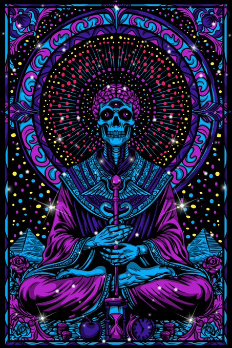 A vibrant psychedelic artwork featuring a blue skull-headed meditating figure in purple robes with a brain exposed, holding a staff, surrounded by pyramids and roses.
