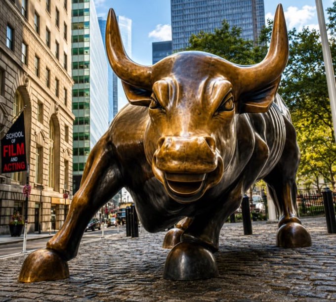 A bronze bull statue (resembling Wall Street's Charging Bull) stands on a cobblestone street near a "School of Film and Acting" sign, used as a visual metaphor for bullish market hype accompanying a pump.fun token address promising millionaire returns.