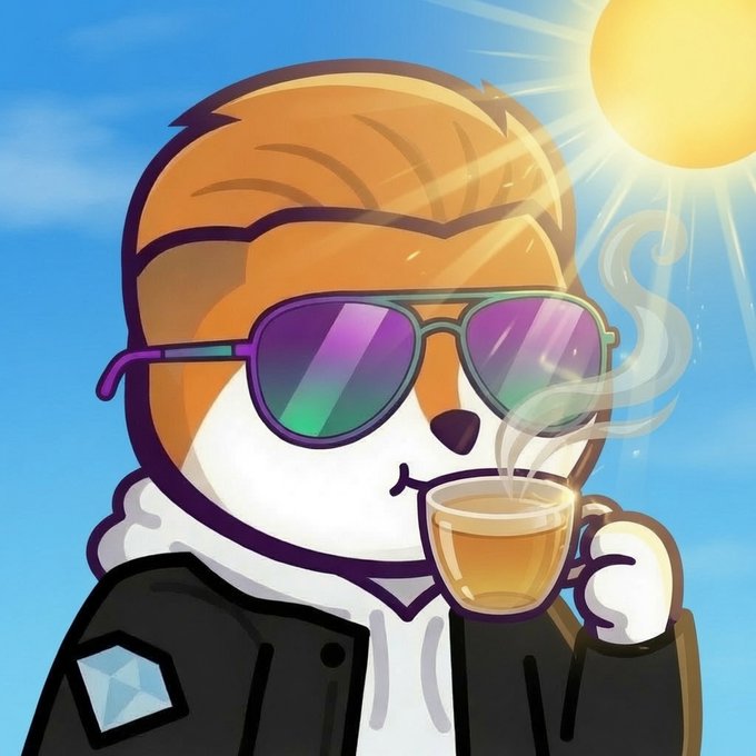 Cartoon illustration of a dog character with orange fur wearing rainbow sunglasses and a hoodie, holding a steaming cup of coffee under a bright sun.