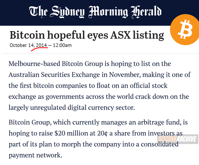 A Sydney Morning Herald article from October 14, 2014 announces that Melbourne-based Bitcoin Group plans to list on the Australian Securities Exchange (ASX) in November, aiming to raise $20 million at 20¢ per share as it transforms from an arbitrage fund into a consolidated payment network—aligning with the post noting the firm's earlier $18M fundraising announcement.
