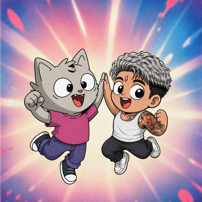 A cartoon-style illustration shows a grey cat in a pink shirt and a human character with curly grey hair, tattoos, and a white tank top joyfully high-fiving each other against a vibrant pink and blue radiating background.