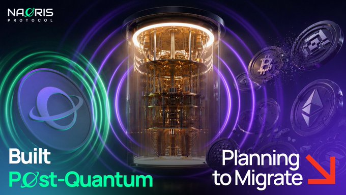 A futuristic graphic shows a glowing quantum computer surrounded by floating cryptocurrency coins (Bitcoin, Ethereum, etc.), branded with the Naoris Protocol logo and text reading "Built Post-Quantum" and "Planning to Migrate" — visually reinforcing the post's message about Ethereum's complex challenge of transitioning to post-quantum cryptography.