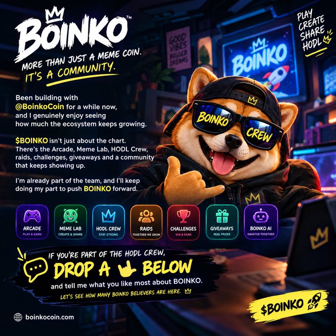 A promotional graphic for Boinko ($BOINKO), a meme coin featuring the slogan "More than just a meme coin. It's a community," with a Shiba Inu character wearing "BOINKO CREW" sunglasses in an arcade setting. The post reinforces the image's message by highlighting Boinko's ecosystem features like the Arcade, Meme Lab, community raids, challenges, and HODL Crew, inviting followers to share what they love most about the project.