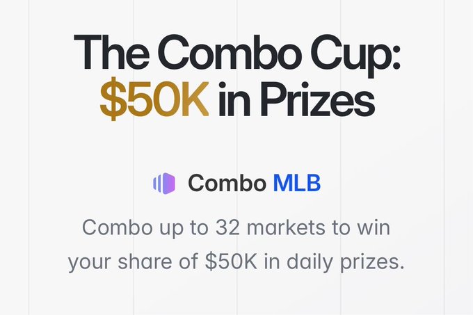 Promotional image for "The Combo Cup" by Combo MLB, announcing "$50K in Prizes" daily for combining up to 32 markets, tying into the post about Polymarket's $50K daily prize leaderboard for combo predictions.